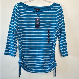 Chaps Blue Striped 3/4 Sleeve Top - Rouged sides